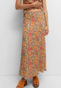 PULL & BEAR Floral Midi - Jupe Trapèze - Coral