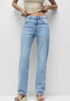 PULL & BEAR Mid Waist Faded - Jean Droit - Light Blue Denim
