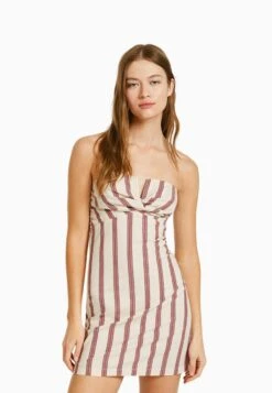 BERSHKA Striped Fitted With Knotted Neckline Mini - Robe Fourreau - Beige