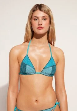 Calzedonia Lisbona Slide Triangle - Haut De Bikini - Blauc Turquoise Green Patchwork