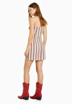 BERSHKA Striped Fitted With Knotted Neckline Mini - Robe Fourreau - Beige -Stradivarius Soldes 939197853b3a41babb806755f51c7a1a