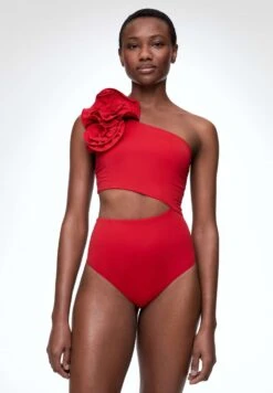 Oysho Floral Asymmetric - Maillot De Bain - Red
