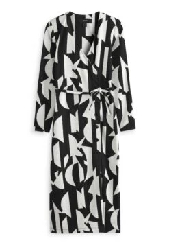 Next Long Sleeve Wrap Button Midi Standard - Robe Pull - Black White Geo