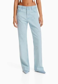 BERSHKA With Rhinestone Hearts - Jean Flare - Light Blue